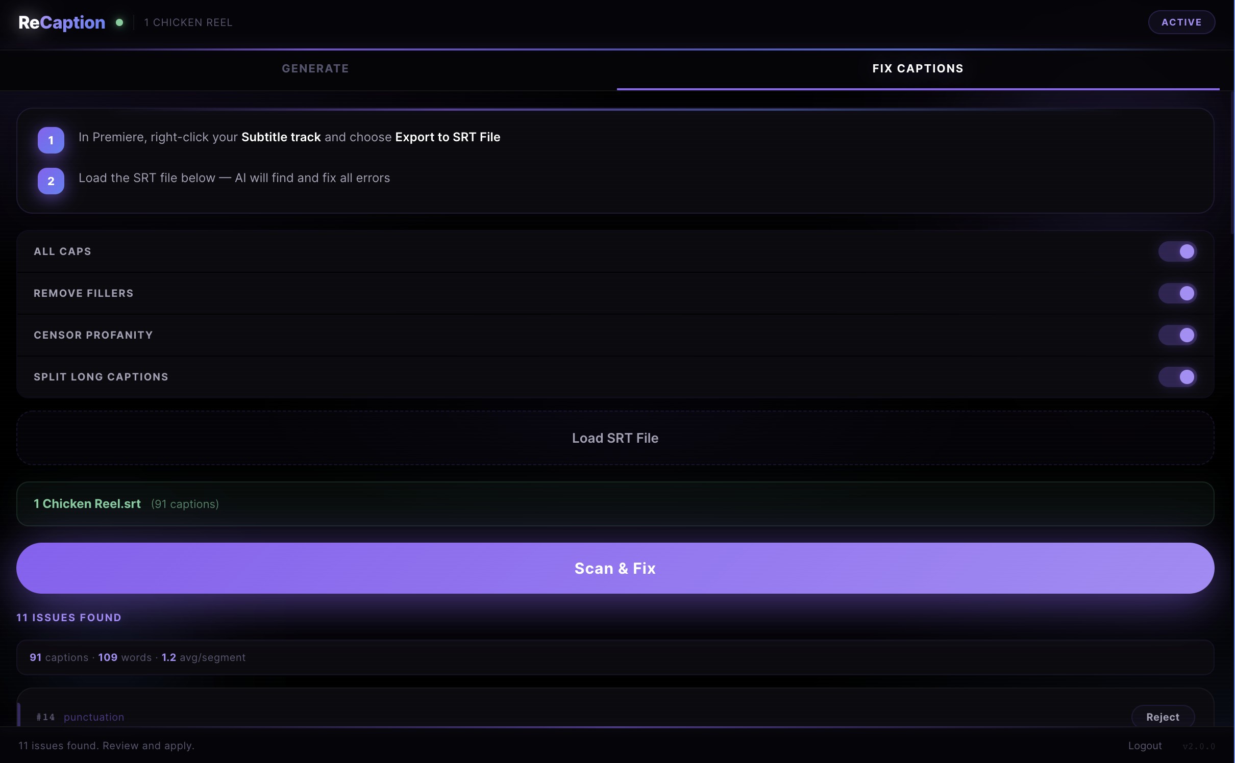 ReCaption panel inside Adobe Premiere Pro