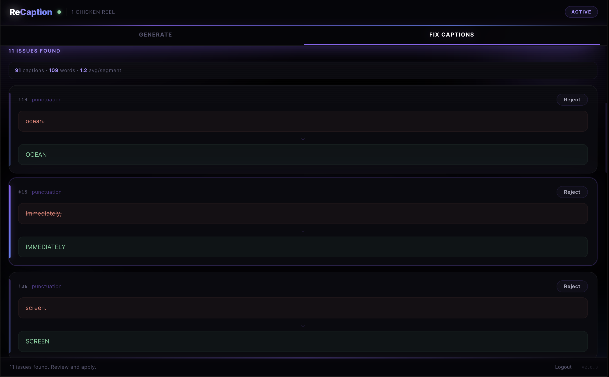 ReCaption correction cards showing before and after